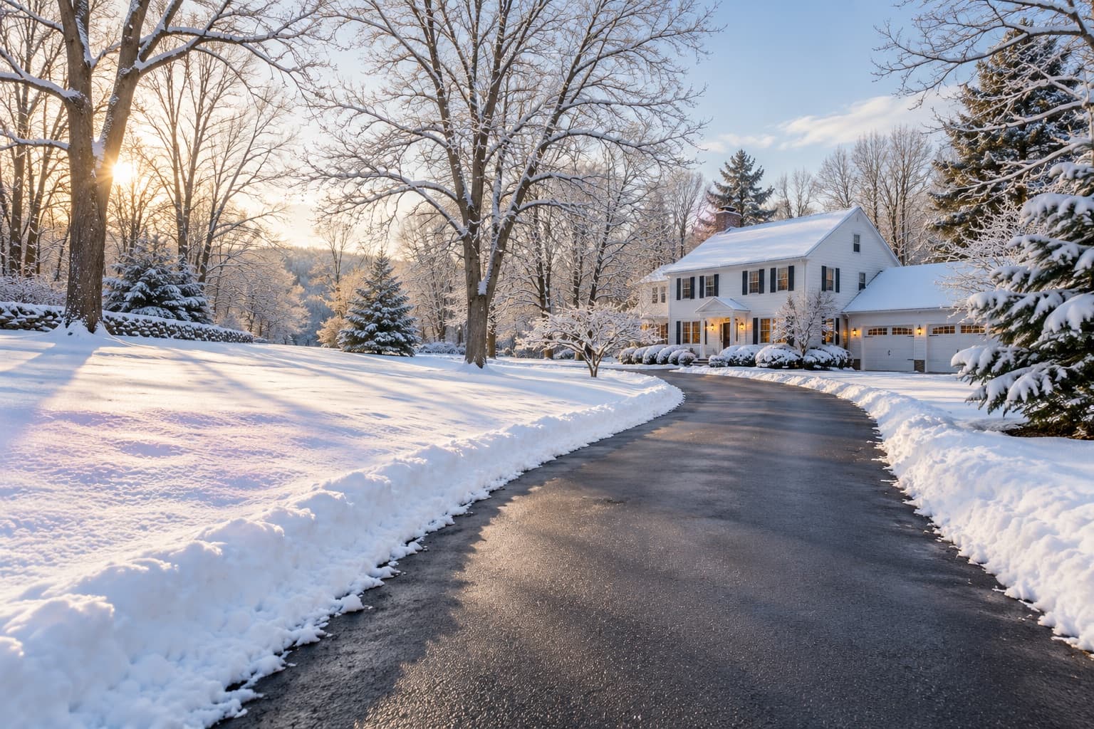 Illustrative winter scene: a cleared driveway leading to a white home in soft morning sunshine.